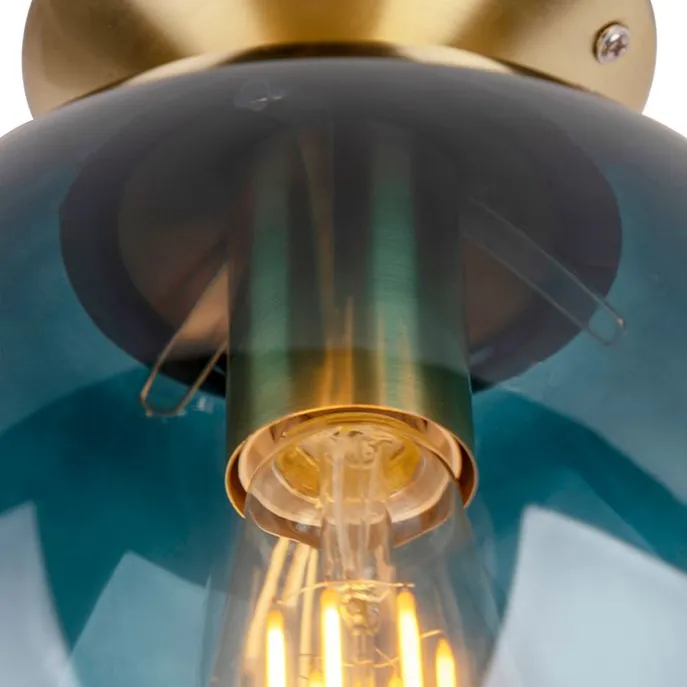 Art Deco Deckenleuchte messing mit ozeanblauem Glaslampenschirm - Pallon