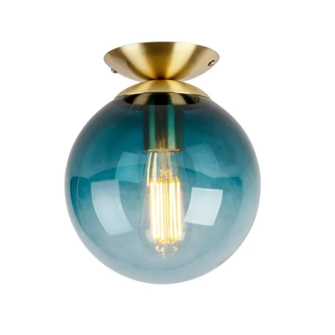 Art Deco Deckenleuchte messing mit ozeanblauem Glaslampenschirm - Pallon