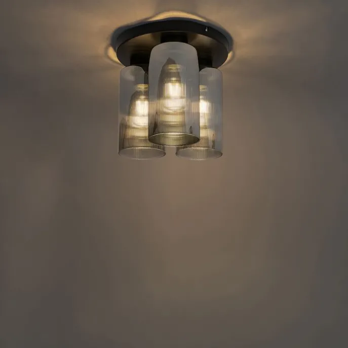 Art Deco Deckenleuchte schwarz mit Rauchglas 3-flammig - Laura