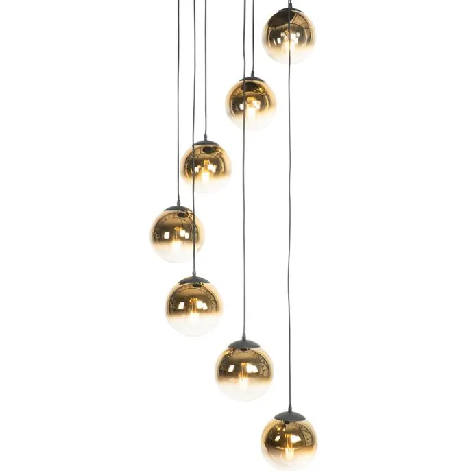 Art Deco Hängelampe schwarz mit Goldglas 7-flammig - Pallon