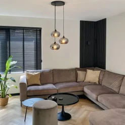 Art Deco Hängelampe schwarz 3-flammig mit Rauchglas - Busa