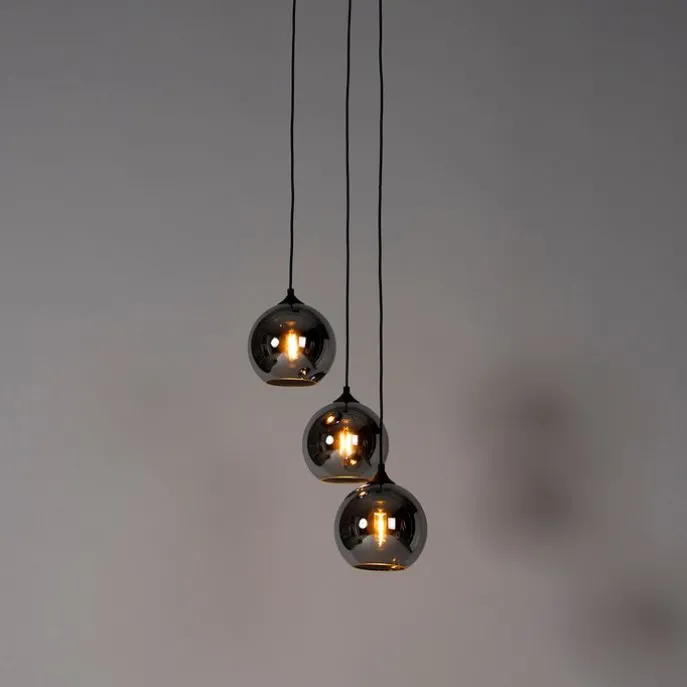 Art Deco Hängelampe schwarz mit Rauchglas 3 Lichter - Wallace