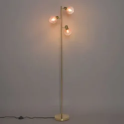Art Deco Stehlampe Gold mit rosa Glas 3 Lichter - Vidro