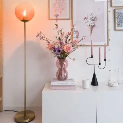 Art Deco Stehlampe Messing mit rosa Glas - Pallon Mezzi