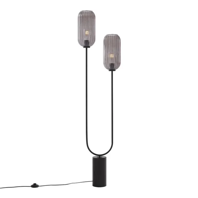 Art Deco Stehleuchte schwarz mit Rauchglas 2-flammig - Rid