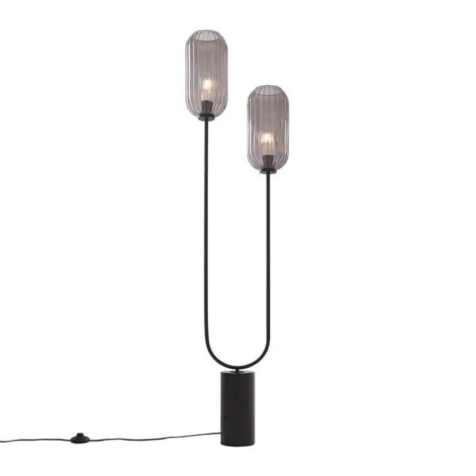 Art Deco Stehleuchte schwarz mit Rauchglas 2-flammig - Rid