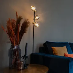 Art Deco Stehleuchte schwarz und gold mit Rauchglas 3-Licht - Vidro
