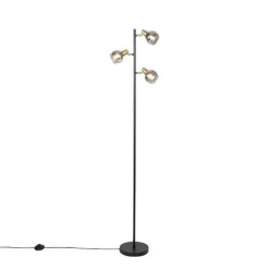 Art Deco Stehleuchte schwarz und gold mit Rauchglas 3-Licht - Vidro