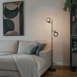 Art Deco Stehleuchte schwarz mit Rauchglas 2-Licht - Pallon