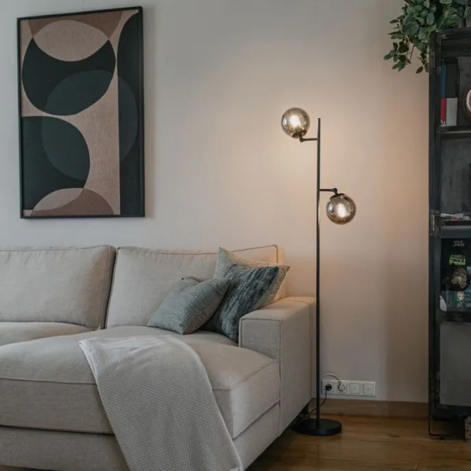 Art Deco Stehleuchte schwarz mit Rauchglas 2-Licht - Pallon