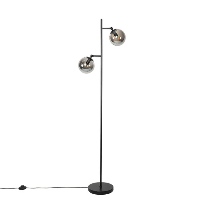 Art Deco Stehleuchte schwarz mit Rauchglas 2-Licht - Pallon