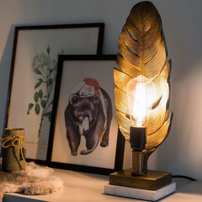 Art Deco Tischlampe Bronze mit Marmorsockel - Blatt