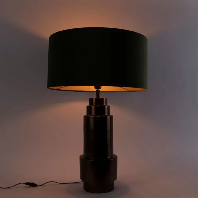 Art Deco Tischlampe Bronze Veloursschirm grün mit Gold 50cm - Bruut