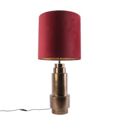 Art Deco Tischlampe Bronze Veloursschirm Rot mit Gold 50cm - Bruut