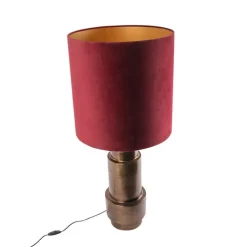 Art Deco Tischlampe Bronze Veloursschirm Rot mit Gold 50cm - Bruut