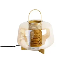 Art Deco Tischlampe Gold mit Bernsteinglas 30 cm - Kevin