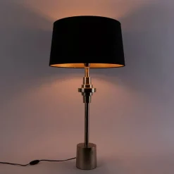 Art Deco Tischlampe schwarz mit Baumwollschirm schwarz 45 cm - Diverso