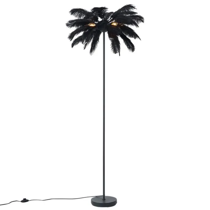 Art-Déco-Stehleuchte schwarz mit schwarzen Federn - Peahen