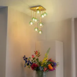 Art-Deco-Deckenlampe Gold mit grünem Glas 9 Lichter - Athen