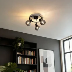 Art-Deco-Deckenleuchte schwarz mit Rauchglas 3-flammig rund - Vidro