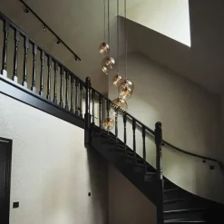 Art-Deco-Hängelampe aus Bronze mit bernsteinfarbenem Glas, rund, 7-flammig – Sandra