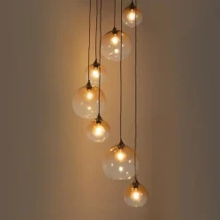 Art-Deco-Hängelampe aus Bronze mit bernsteinfarbenem Glas, rund, 7-flammig – Sandra