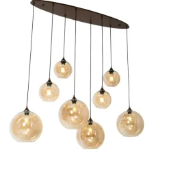 Art-Deco-Hängelampe aus dunkler Bronze mit bernsteinfarbenem Glas, oval, 8-flammig – Sandra
