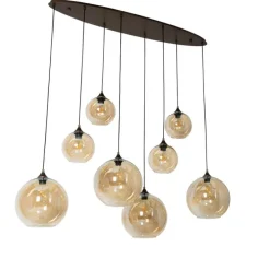Art-Deco-Hängelampe aus dunkler Bronze mit bernsteinfarbenem Glas, oval, 8-flammig – Sandra