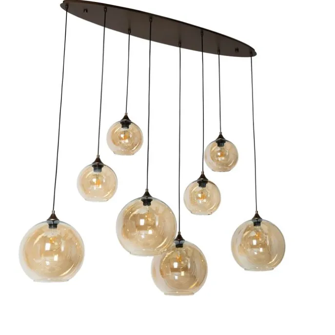 Art-Deco-Hängelampe aus dunkler Bronze mit bernsteinfarbenem Glas, oval, 8-flammig – Sandra