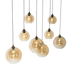Art-Deco-Hängelampe aus dunkler Bronze mit bernsteinfarbenem Glas, oval, 8-flammig – Sandra