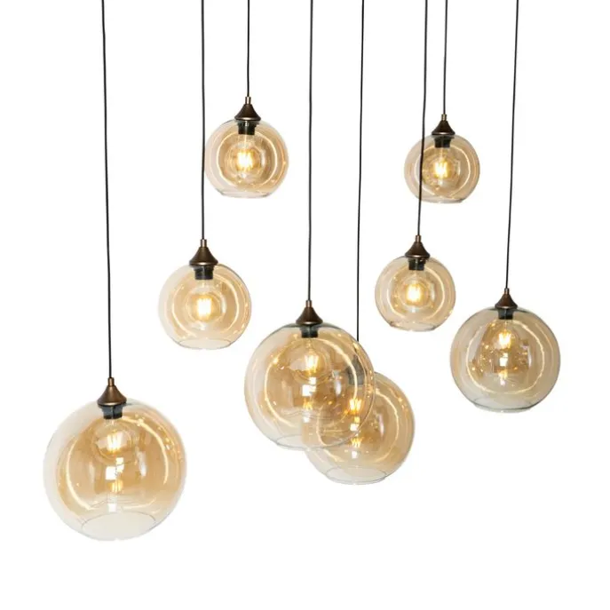 Art-Deco-Hängelampe aus dunkler Bronze mit bernsteinfarbenem Glas, oval, 8-flammig – Sandra