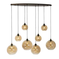 Art-Deco-Hängelampe aus dunkler Bronze mit bernsteinfarbenem Glas, oval, 8-flammig – Sandra