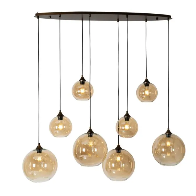 Art-Deco-Hängelampe aus dunkler Bronze mit bernsteinfarbenem Glas, oval, 8-flammig – Sandra