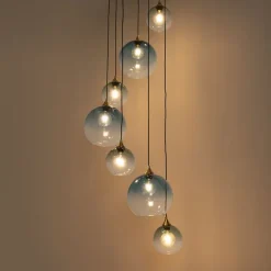 Art-Deco-Hängelampe aus Messing mit blauem Glas, rund, 7-flammig – Sandra