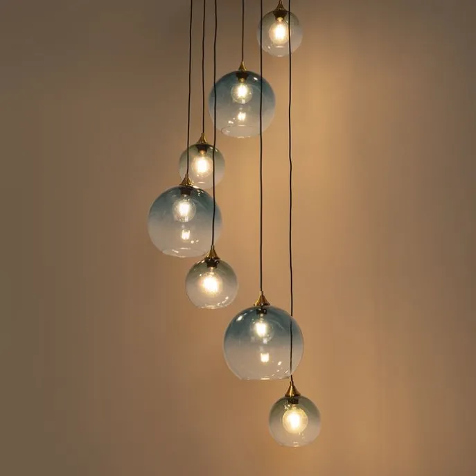 Art-Deco-Hängelampe aus Messing mit blauem Glas, rund, 7-flammig – Sandra