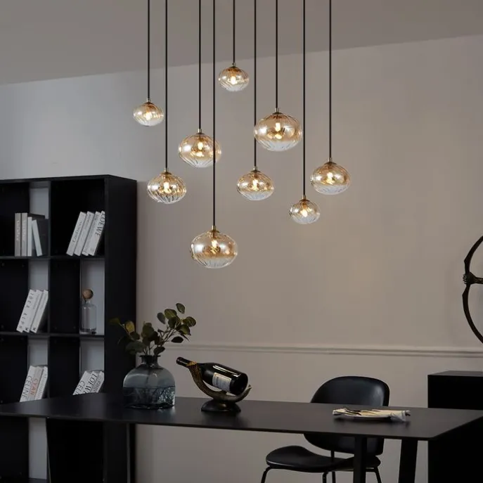 Art-Deco-Hängelampe Gold mit bernsteinfarbenem Glas 9-flammig - Jia