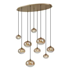 Art-Deco-Hängelampe Gold mit bernsteinfarbenem Glas 9-flammig - Jia
