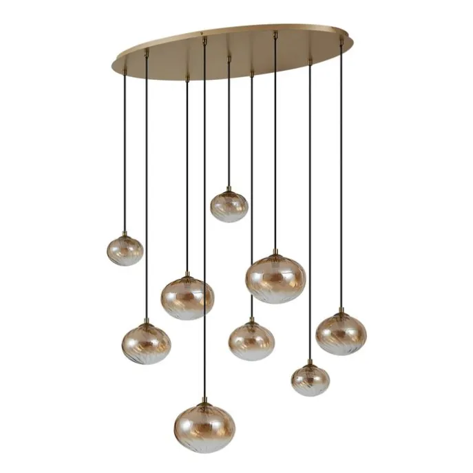Art-Deco-Hängelampe Gold mit bernsteinfarbenem Glas 9-flammig - Jia
