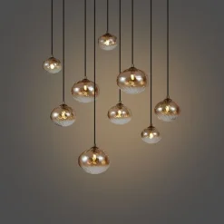 Art-Deco-Hängelampe Gold mit bernsteinfarbenem Glas 9-flammig - Jia