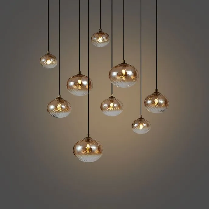 Art-Deco-Hängelampe Gold mit bernsteinfarbenem Glas 9-flammig - Jia