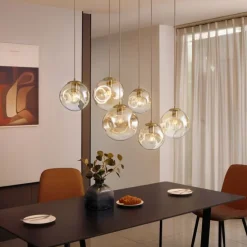 Art-Deco-Hängelampe Messing mit ovaler Deckenplatte und bernsteinfarbenem Glas 6-flammig - Douglass