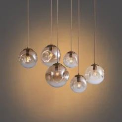 Art-Deco-Hängelampe Messing mit ovaler Deckenplatte und bernsteinfarbenem Glas 6-flammig - Douglass