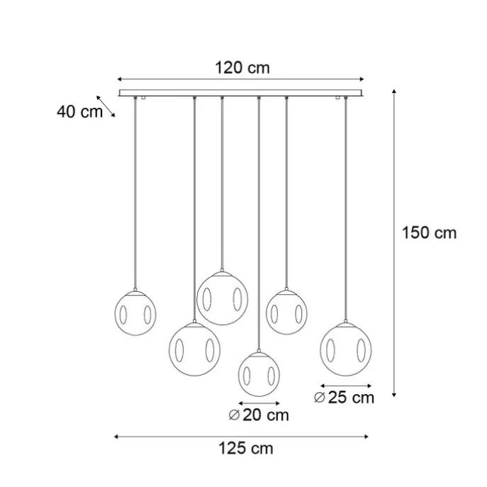 Art-Deco-Hängelampe Messing mit ovaler Deckenplatte und bernsteinfarbenem Glas 6-flammig - Douglass