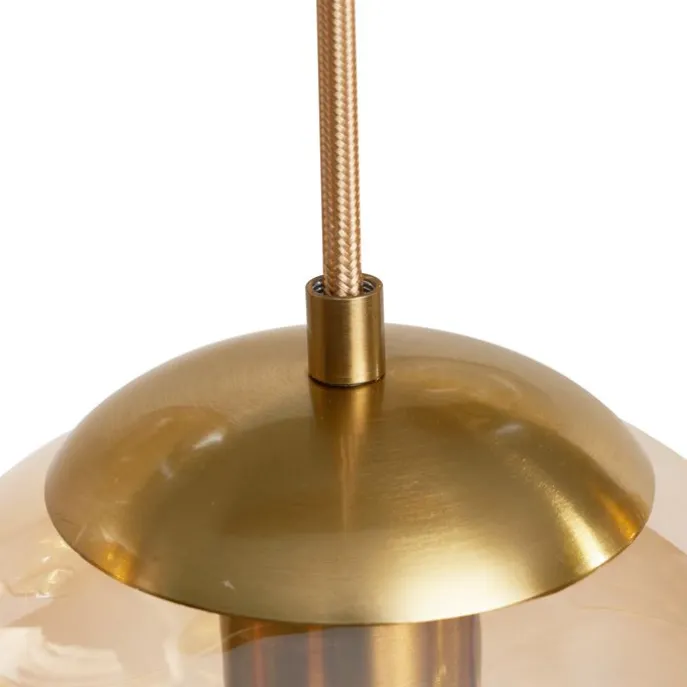 Art-Deco-Hängelampe Messing mit ovaler Deckenplatte und bernsteinfarbenem Glas 6-flammig - Douglass