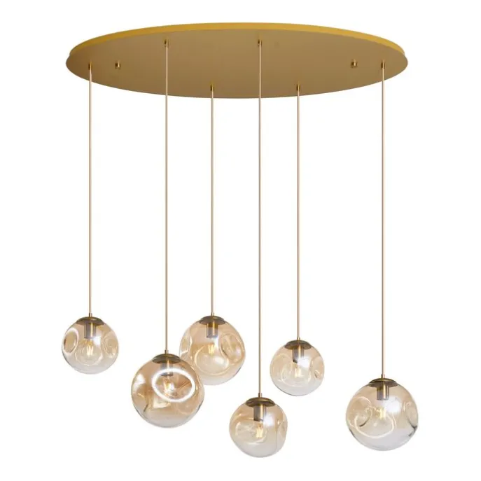 Art-Deco-Hängelampe Messing mit ovaler Deckenplatte und bernsteinfarbenem Glas 6-flammig - Douglass