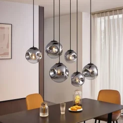 Art-Deco-Hängelampe schwarz mit ovaler Deckenplatte und Rauchglas 6-flammig - Douglass