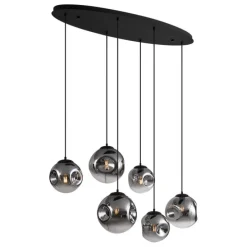 Art-Deco-Hängelampe schwarz mit ovaler Deckenplatte und Rauchglas 6-flammig - Douglass