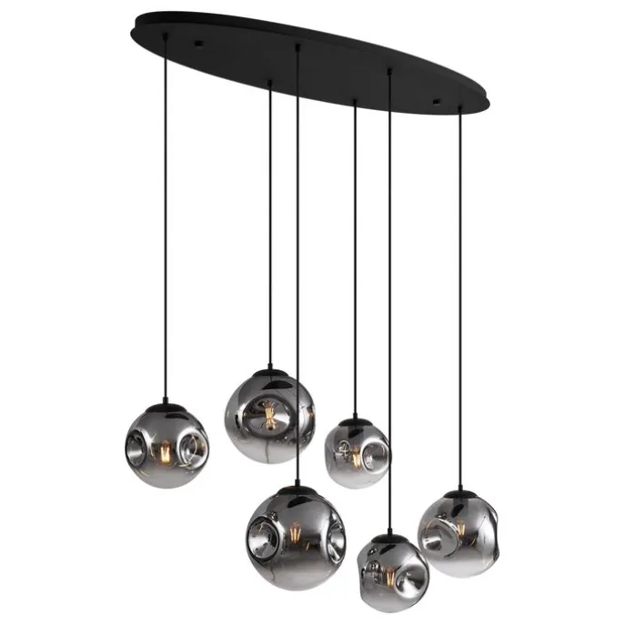 Art-Deco-Hängelampe schwarz mit ovaler Deckenplatte und Rauchglas 6-flammig - Douglass