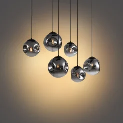 Art-Deco-Hängelampe schwarz mit ovaler Deckenplatte und Rauchglas 6-flammig - Douglass