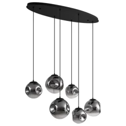 Art-Deco-Hängelampe schwarz mit ovaler Deckenplatte und Rauchglas 6-flammig - Douglass